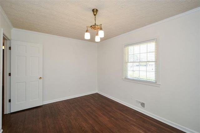 unfurnished room with visible vents, crown molding, baseboards, a notable chandelier, and dark wood-style flooring