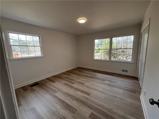 empty room with a healthy amount of sunlight and light hardwood / wood-style flooring