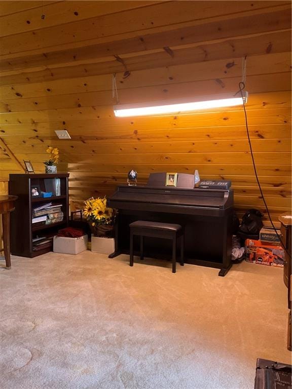 interior space featuring carpet and wood walls