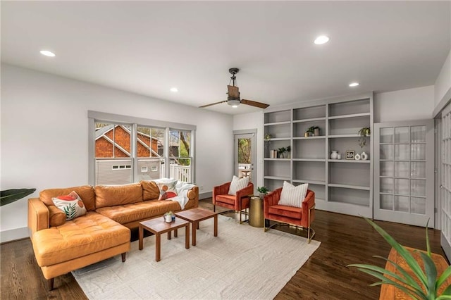 living room featuring ceiling fan, wood finished floors, and recessed lighting