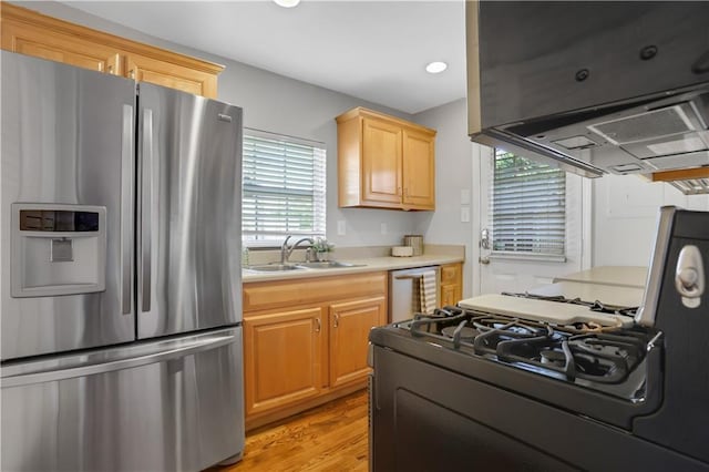 kitchen with appliances with stainless steel finishes, sink, light brown cabinets, and light hardwood / wood-style floors