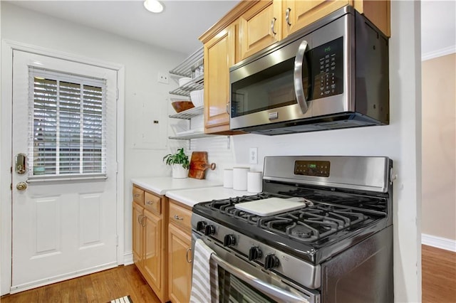 kitchen featuring light brown cabinets, dark hardwood / wood-style flooring, and stainless steel appliances