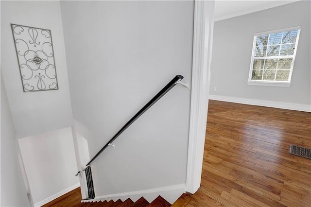 staircase with hardwood / wood-style floors