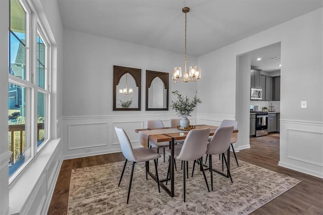 dining room featuring dark wood-type flooring and a notable chandelier