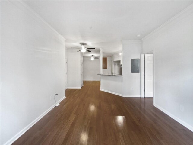 unfurnished living room featuring a ceiling fan, baseboards, ornamental molding, electric panel, and dark wood finished floors