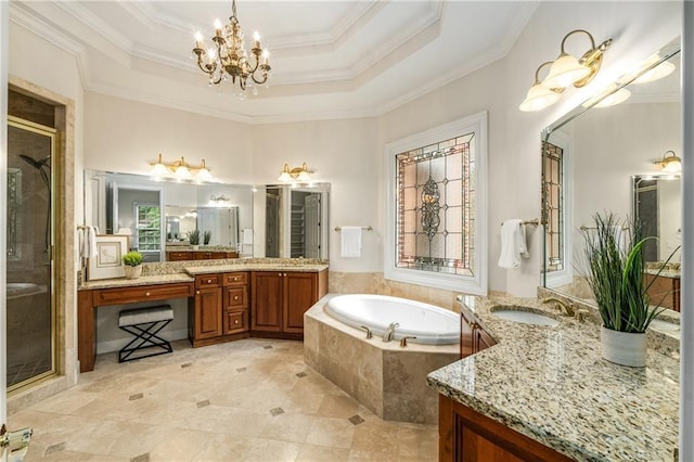 1655 Arrowhead Trl NE, Atlanta, GA 30345 - bathroom featuring a bath, a stall shower, a chandelier, ornamental molding, and two vanities