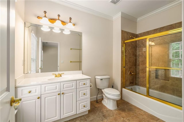 1655 Arrowhead Trl NE, Atlanta, GA 30345 - bathroom with toilet, tile patterned flooring, vanity, shower / bath combination with glass door, and ornamental molding