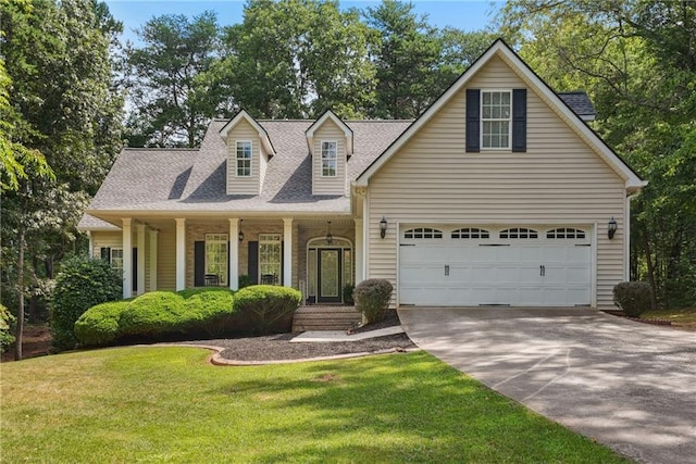 cape cod home featuring a garage, a porch, and a front yard