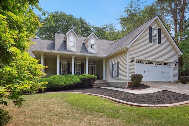 cape cod home with a garage, a front lawn, and a porch