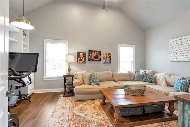 living room featuring high vaulted ceiling and dark hardwood / wood-style floors