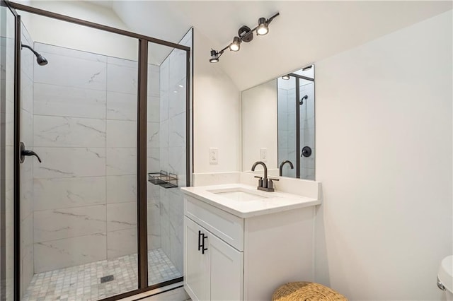 bathroom featuring vanity, toilet, lofted ceiling, and a shower with shower door