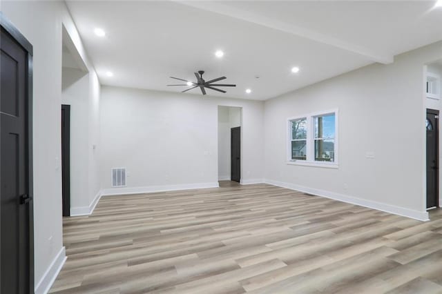 spare room featuring recessed lighting, visible vents, baseboards, and light wood-style flooring