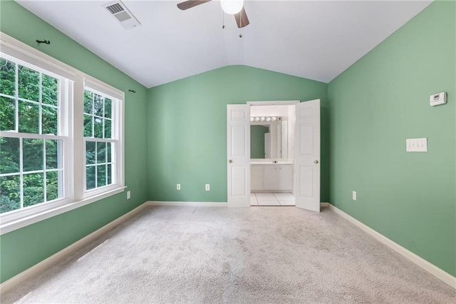 3443 Lathenview Ct, Alpharetta, GA 30004 - unfurnished bedroom featuring lofted ceiling, light colored carpet, ensuite bath, and ceiling fan