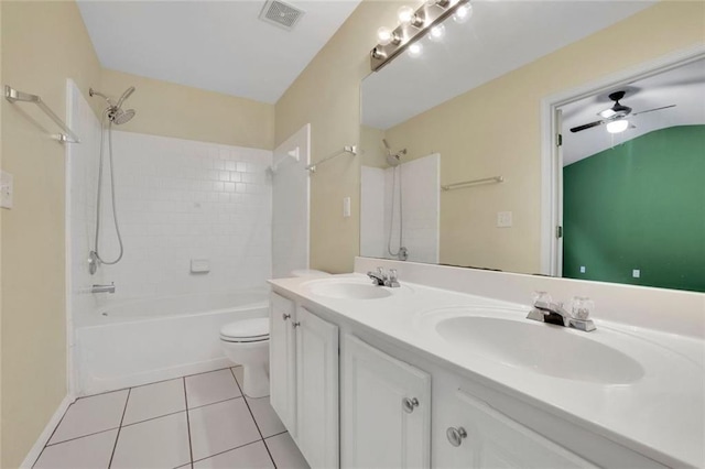 3443 Lathenview Ct, Alpharetta, GA 30004 - bathroom featuring tile patterned floors, bathtub / shower combination, double vanity, and ceiling fan
