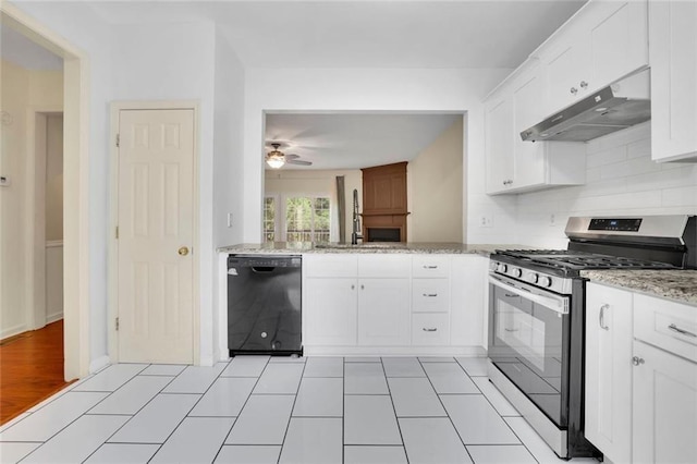 3443 Lathenview Ct, Alpharetta, GA 30004 - kitchen with dishwasher, gas range, under cabinet range hood, white cabinets, and light stone countertops