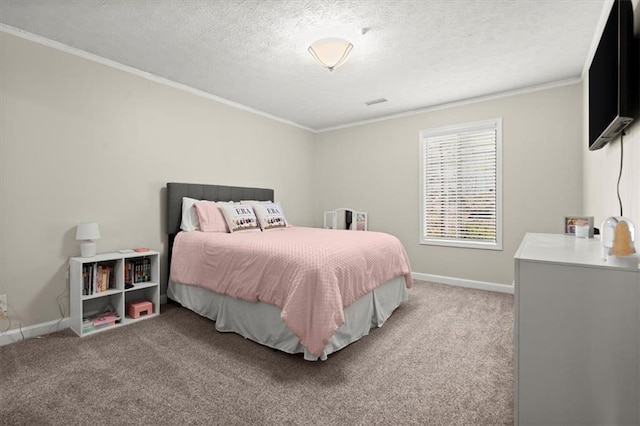 bedroom with a textured ceiling, ornamental molding, and light carpet