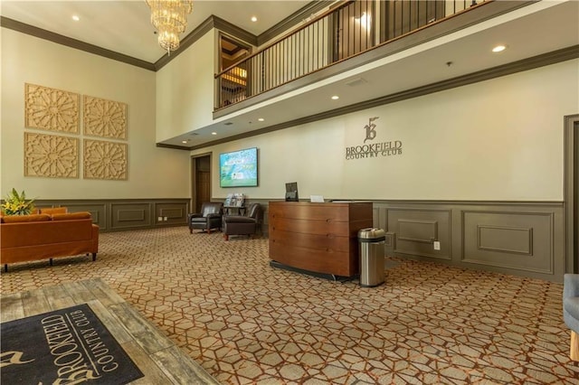 reception area with a notable chandelier