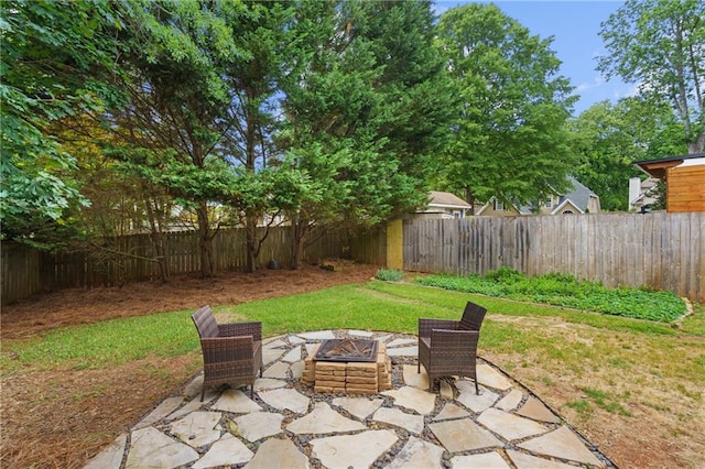 view of patio featuring an outdoor fire pit and a fenced backyard