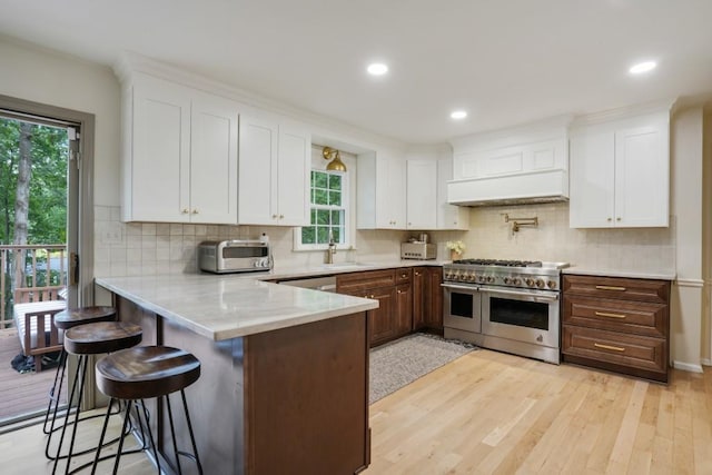 kitchen featuring a kitchen bar, light wood-type flooring, custom exhaust hood, stainless steel appliances, and a sink