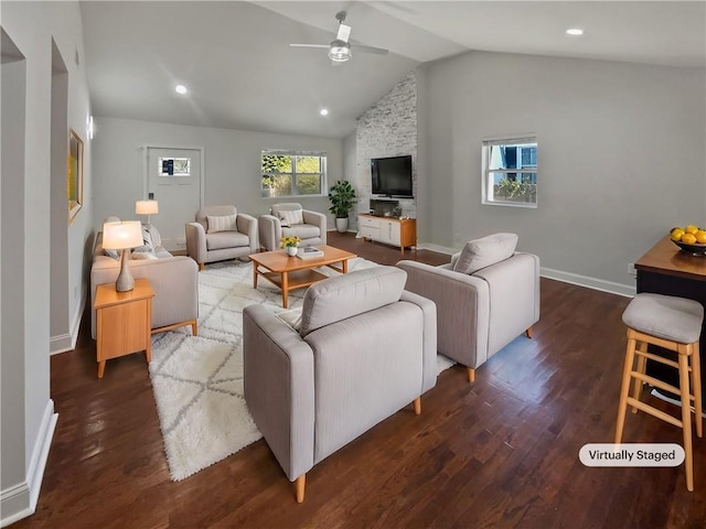 living area with lofted ceiling, ceiling fan, recessed lighting, wood finished floors, and baseboards