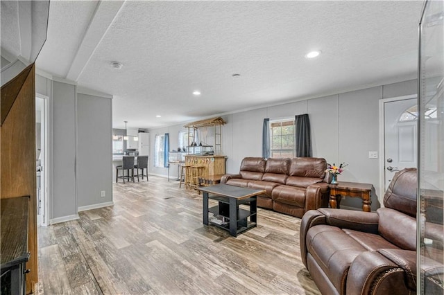 living room with hardwood / wood-style floors and a textured ceiling