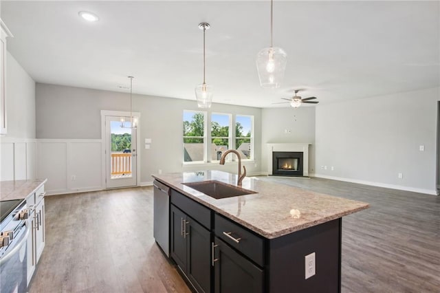 kitchen with wood finished floors, a lit fireplace, appliances with stainless steel finishes, and a sink