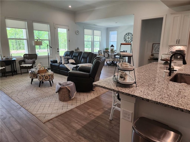 living area with crown molding, recessed lighting, and wood finished floors