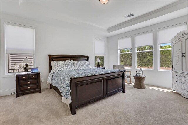 bedroom featuring light colored carpet, a raised ceiling, baseboards, and visible vents