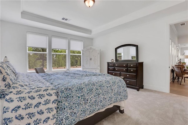bedroom with a tray ceiling, visible vents, light carpet, and baseboards