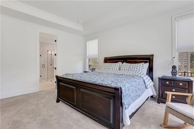 bedroom featuring baseboards, ornamental molding, and light carpet