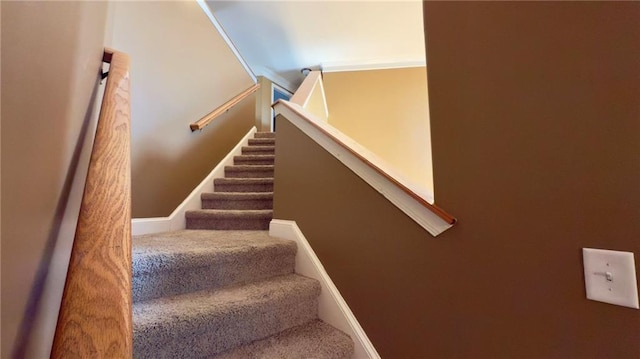 stairway with carpet floors and baseboards