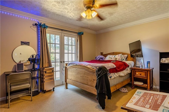 carpeted bedroom with a textured ceiling, a ceiling fan, baseboards, access to exterior, and crown molding