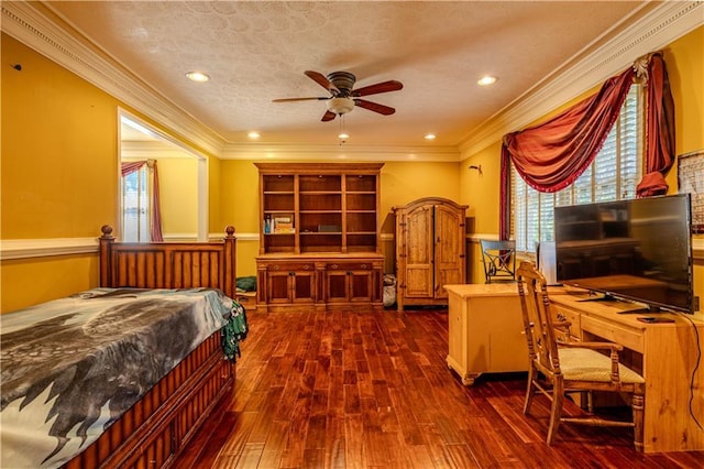 bedroom featuring dark wood-type flooring, multiple windows, and ornamental molding