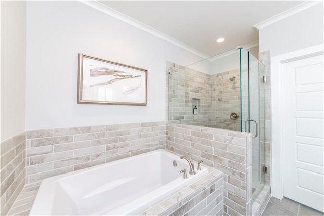 bathroom featuring independent shower and bath, tile patterned floors, and crown molding