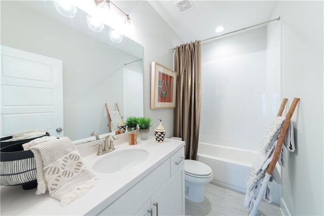 full bathroom with toilet, shower / bath combination with curtain, and vanity