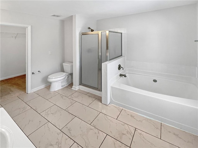 full bathroom featuring tile patterned flooring, vanity, toilet, and independent shower and bath