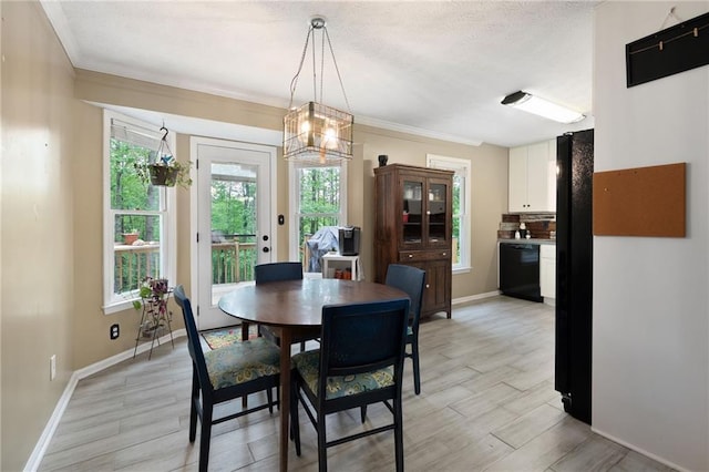 125 Misty Lea Dr, Dallas, GA 30132 - dining area featuring light wood-style floors, crown molding, baseboards, a chandelier, and a textured ceiling
