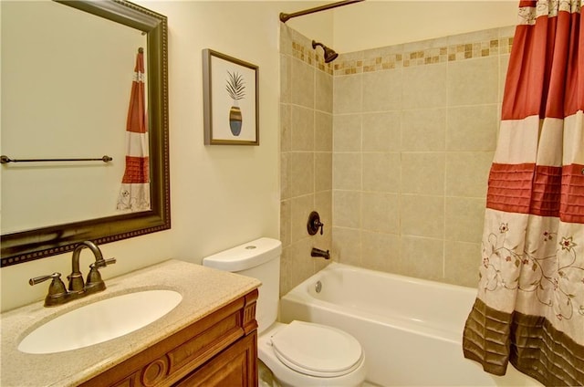 full bathroom with toilet, vanity, and shower / bathtub combination with curtain