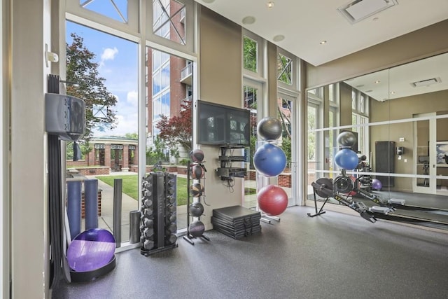 workout area featuring healthy amount of natural light and floor to ceiling windows
