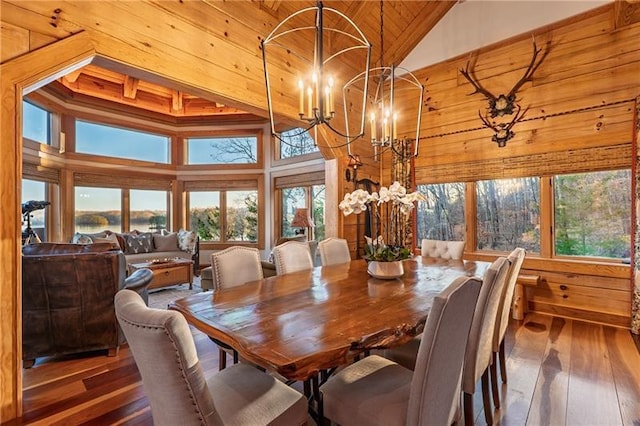 3406 Thunder Pt, Gainesville, GA 30506 - dining space featuring a chandelier, hardwood / wood-style floors, high vaulted ceiling, and wooden ceiling