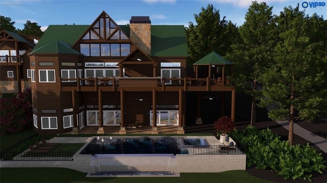 3406 Thunder Pt, Gainesville, GA 30506 - back of house featuring a chimney, a deck, a covered pool, a patio, and a metal roof