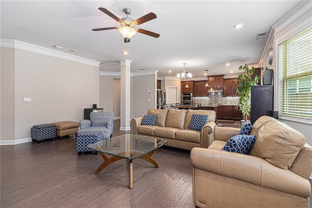4815 Edgemoore Trce, Cumming, GA 30040 - living room featuring a ceiling fan, baseboards, dark wood-style flooring, healthy amount of natural light, and crown molding