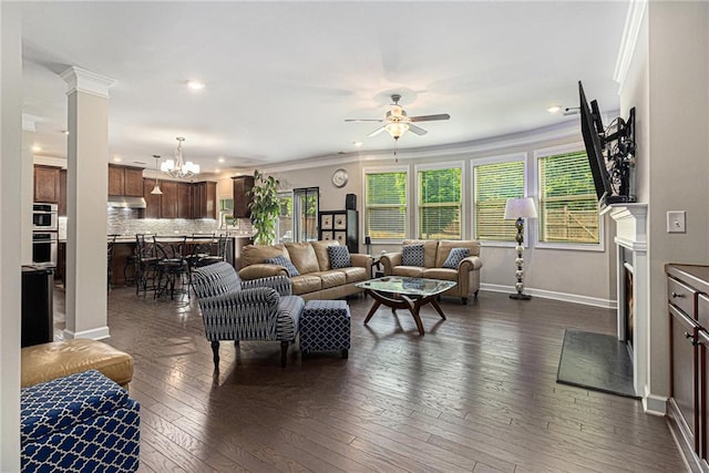 4815 Edgemoore Trce, Cumming, GA 30040 - living area featuring a chandelier, ceiling fan, recessed lighting, baseboards, and dark wood finished floors