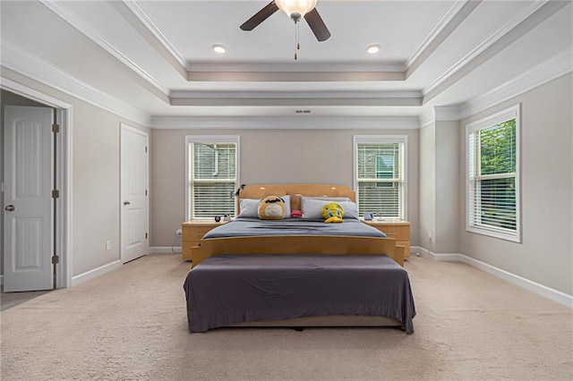 4815 Edgemoore Trce, Cumming, GA 30040 - bedroom featuring multiple windows, light colored carpet, ornamental molding, a raised ceiling, and recessed lighting
