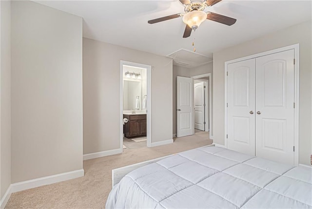 4815 Edgemoore Trce, Cumming, GA 30040 - bedroom featuring light carpet, baseboards, a closet, connected bathroom, and a ceiling fan