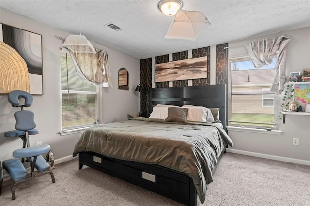 bedroom featuring carpet floors, a textured ceiling, and multiple windows