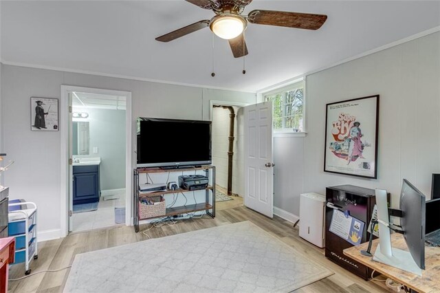 613 Holly Dr, Gainesville, GA 30501 - living area featuring a ceiling fan, light wood-style flooring, crown molding, and baseboards