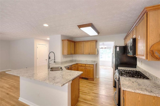 662 Shady Willow Ln, Loganville, GA 30052 - kitchen featuring appliances with stainless steel finishes, a sink, a peninsula, light wood-style floors, and a textured ceiling