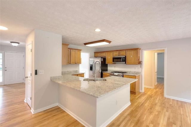 662 Shady Willow Ln, Loganville, GA 30052 - kitchen featuring stainless steel appliances, a textured ceiling, a peninsula, light wood finished floors, and a sink