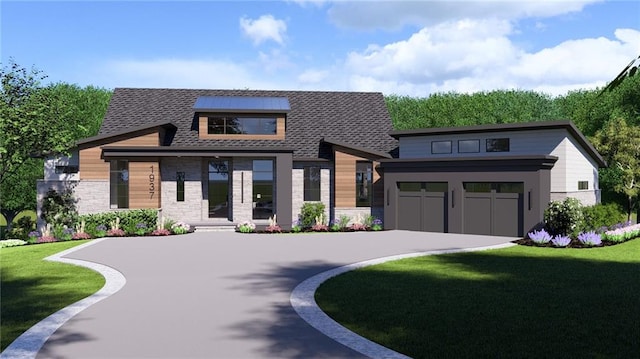 contemporary house featuring driveway, a shingled roof, stone siding, and a front yard